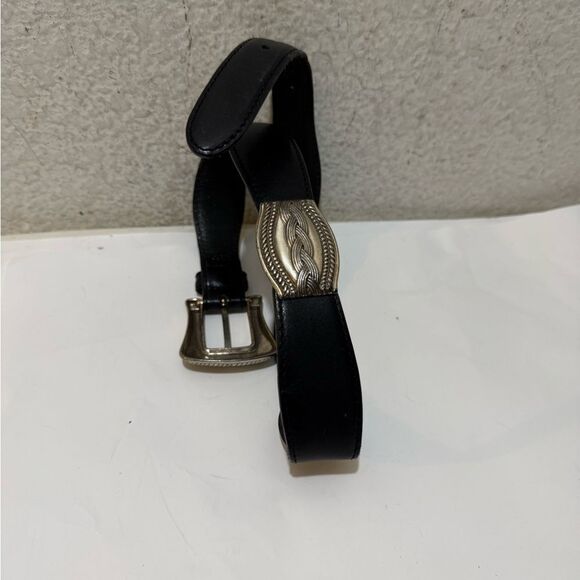 Fossil silver toned metal links leather  women's belt 34” Black Leather Size S - Picture 2 of 9